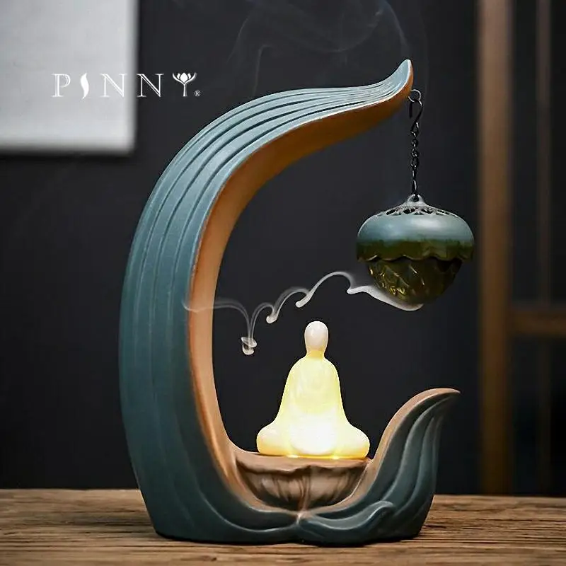 PINNY LED Lotus Backflow Hanging Incense Burner Ceramic Night Light Ornaments Room Decoration Meditation Zen Decor