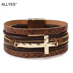 ALLYES Vintage Cross Leather Bracelet for Women Multilayer Chain Charm Braided Wrap Bracelet Religious Jewelry