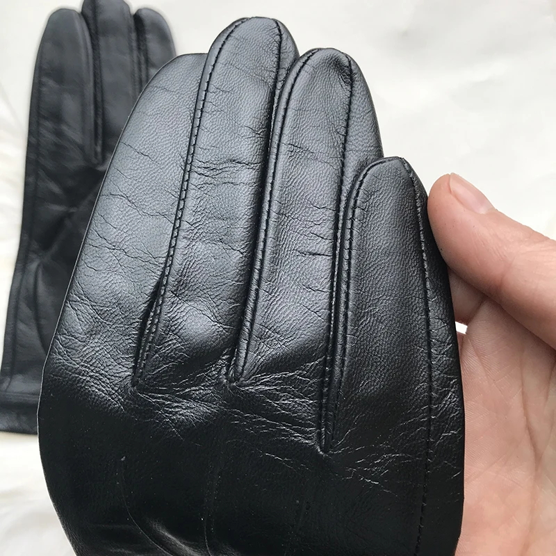 Unlined Gloves Wrist Button Sheep Leather Touch Screen Winter Gloves For Men Black Thin Lining Genuine Leather