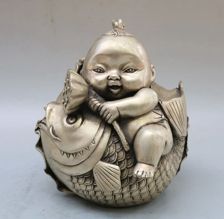 rare old Qing Dynasty(QianLong1711-1799) silver Lotus root boy holding fish statue