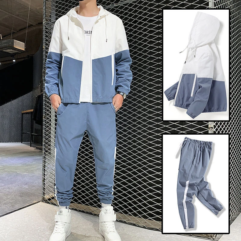 M-5XL Oversized Men Autumn Hoodies Set Sportswear Tracksuit Patchwork Hip Hop Jacket Coat+Pants Male Casual Two Pieces Suit