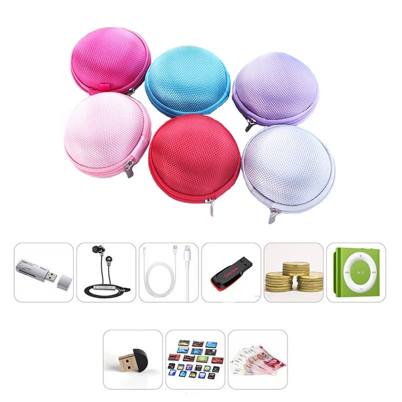 Colorful Portable Round Zipper Earphone Storage Bag Earbuds Hard Box Case For iPhone Cable SD TF Memory Card U Disk Data Cable