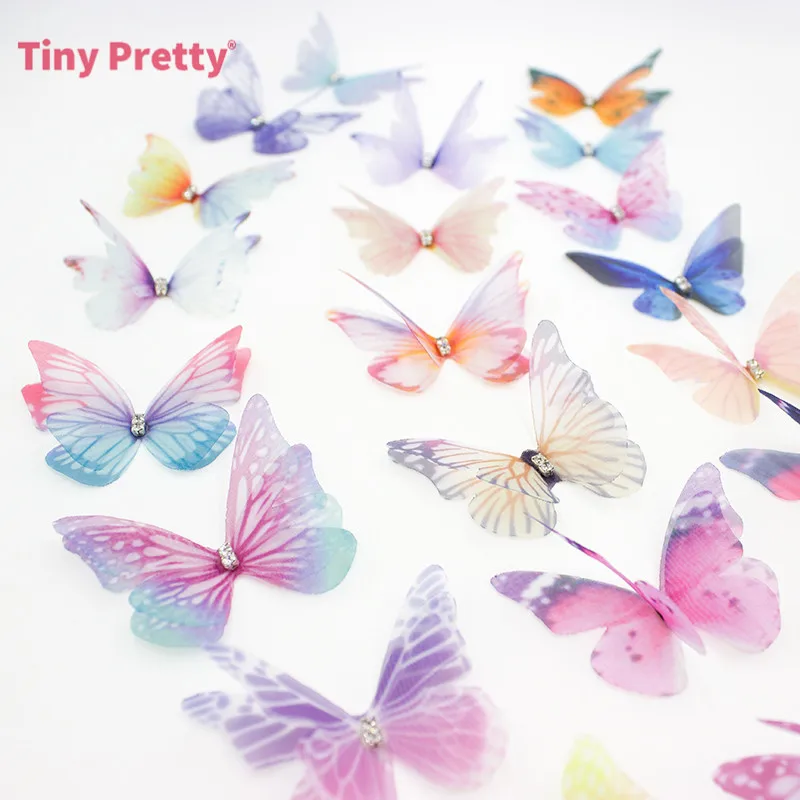 20PCS 3D Organza Butterflies Wedding Silk Butterfly w/ Rhinestone for DIY Jewelry Making, Choker, Earring, Party Decoration