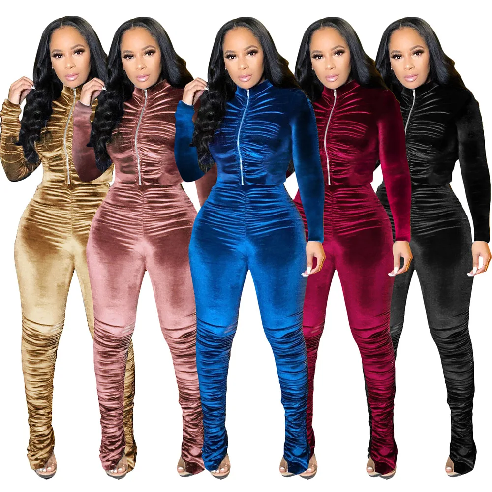 New Fall Active Velvet Stacked Sweatsuit Women\'s Set Zipper Jacket Pants Suit Streetwear Tracksuit Two Piece Set Fitness Outfit