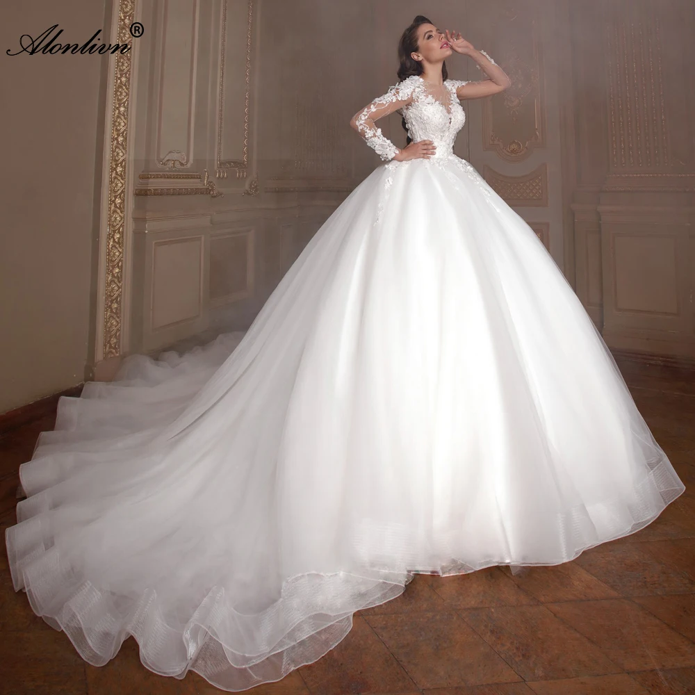 

Alonlivn Luxury Ball Gown Wedding Dresses Beading 3d Appliques Full Sleeves Silky Organza Long Train Puffy Princess Bride Skirt