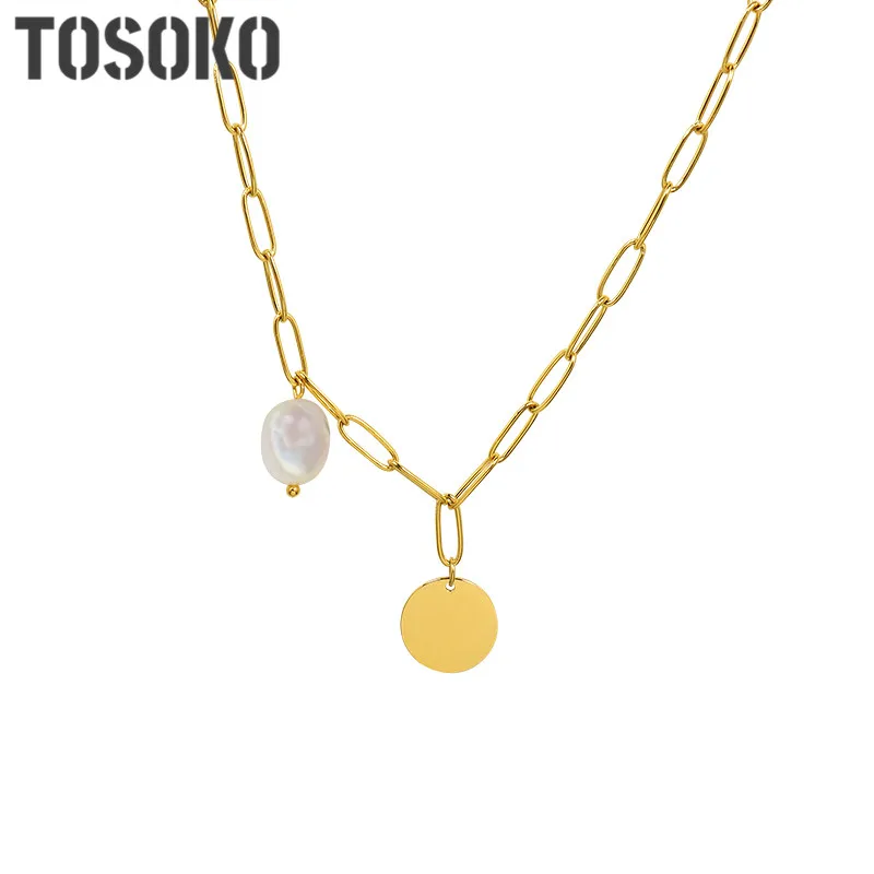 

TOSOKO Stainless Steel Jewelry Special Shaped Baroque Pearl Necklace Women's Fashion Clavicle Chain BSP1032