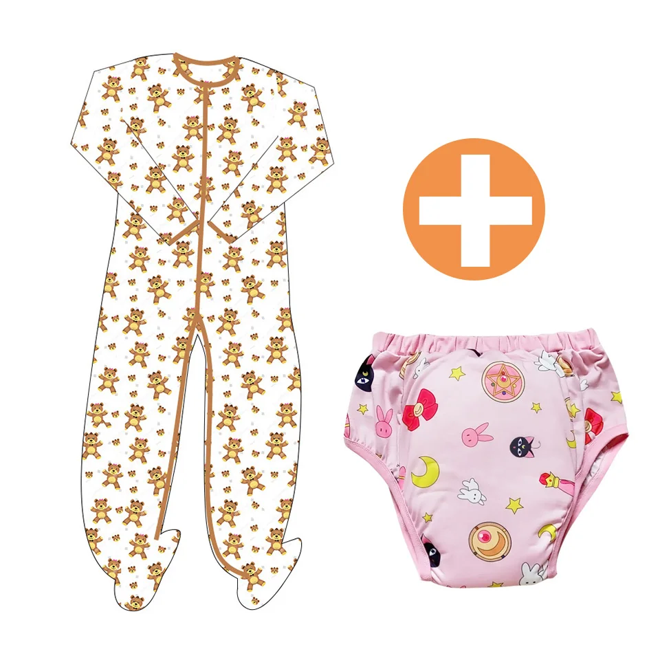 

DDLG Cute Bear Adult Long Jumpsuit Slim Romper Sleepwear Bodysuit And Cartoon Pattern Adult Baby Training Pants Snap Crotch