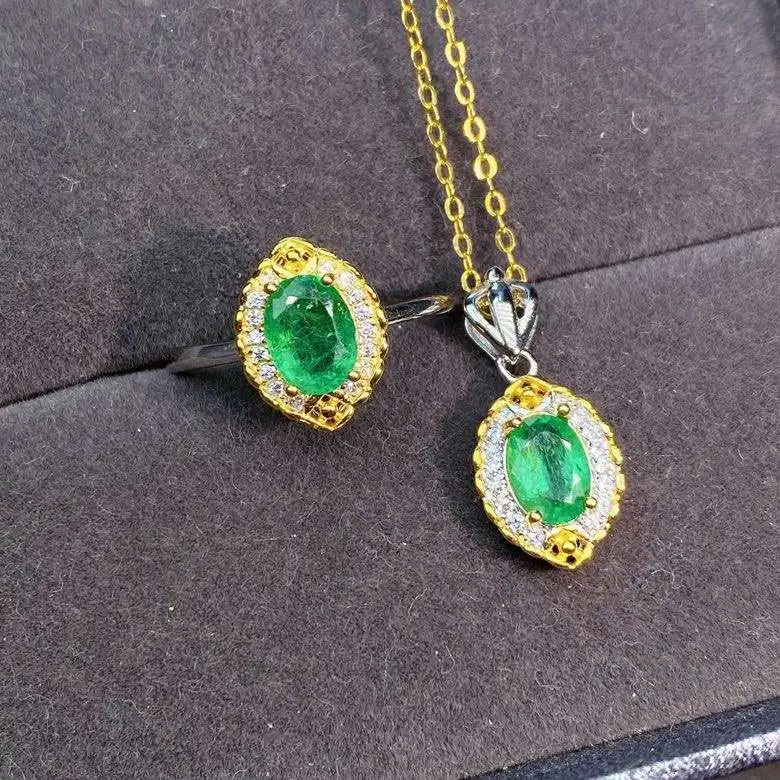 KJJEAXCMY fine jewelry 925 sterling silver inlaid natural emerald luxury girl ring pendant suit support test Chinese style