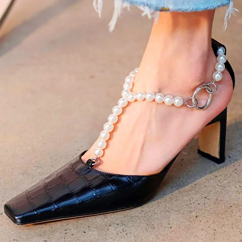 

Sexy Wedding Pumps Women's Cow Leather High Heels Sandals Pearls Ankle Strap Square Toe Dating Nightclub shoes