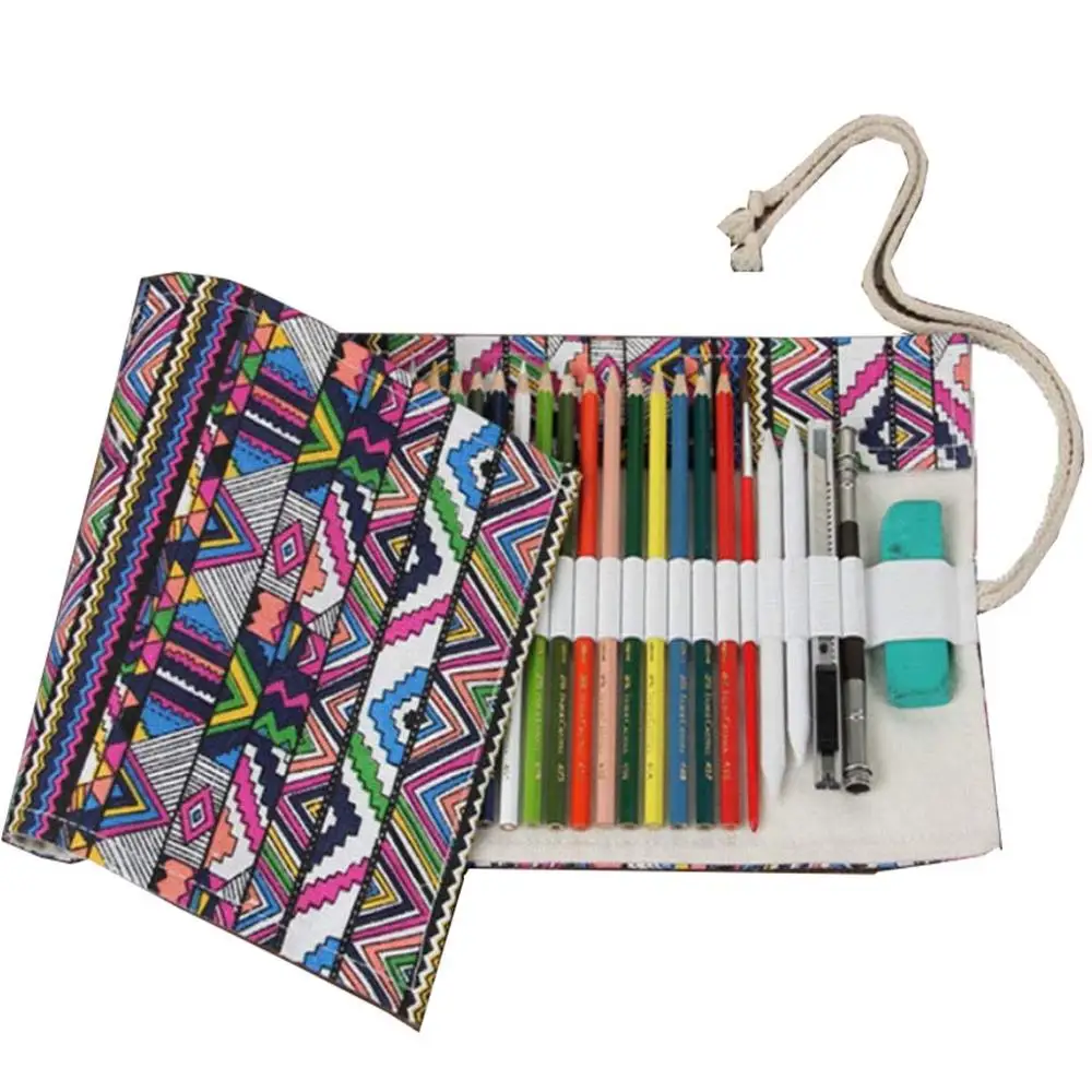 48 Holes Binder Organizer Pen Collector Curtain Gift Office Canvas Ethnic Style Large Capacity Roll Pencil Bag Art Pen pouches