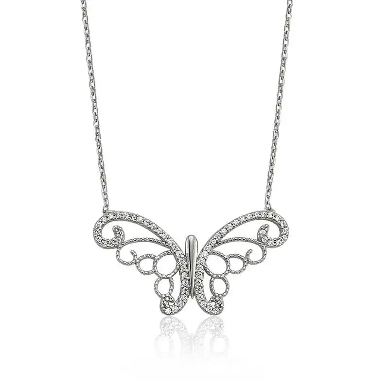 Silver Butterfly Lady Necklace Zircon Stone 925 Sterling Women Fine Jewelry Wedding Party Birthday Gift - Jeweled - Box - Pendant - Chain Choker - Female - Ladies - Fashion