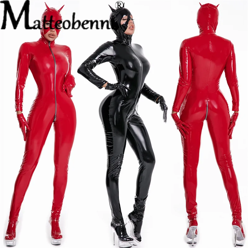 Catsuit de látex Wetlook con máscara para mujer, mono de piel sintética de PVC, disfraz erótico de dama, lencería de PU, Body de gran tamaño para