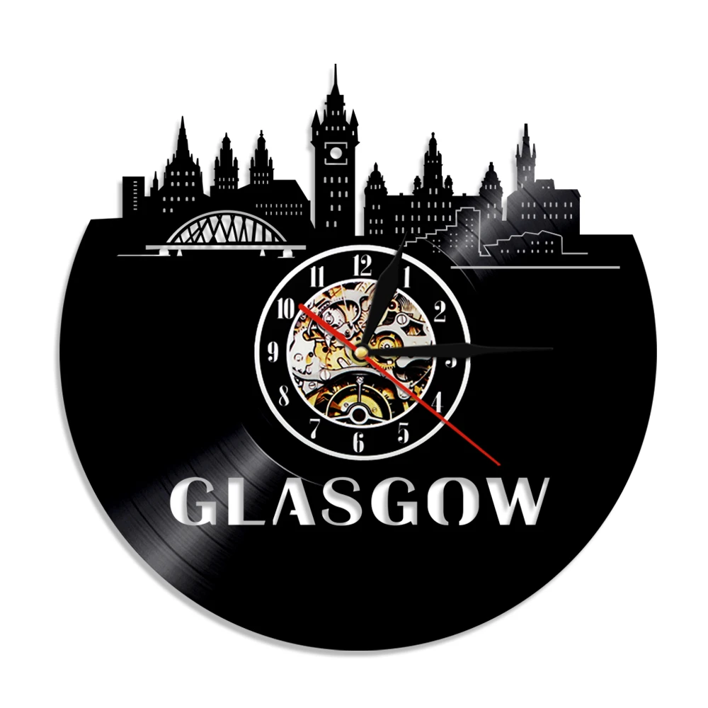 Glasgow Skyline Wall Clock Scotland Cityscape Tourist Vinyl Record Wall Clock Watch Living Room Decor Scottish Traveler Gift