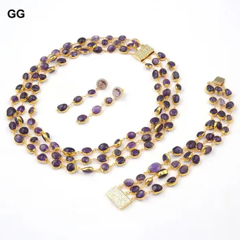 G-G 3 strands natural amethyst Freeform electroplated edge necklace earring bracelet sets handmade for women