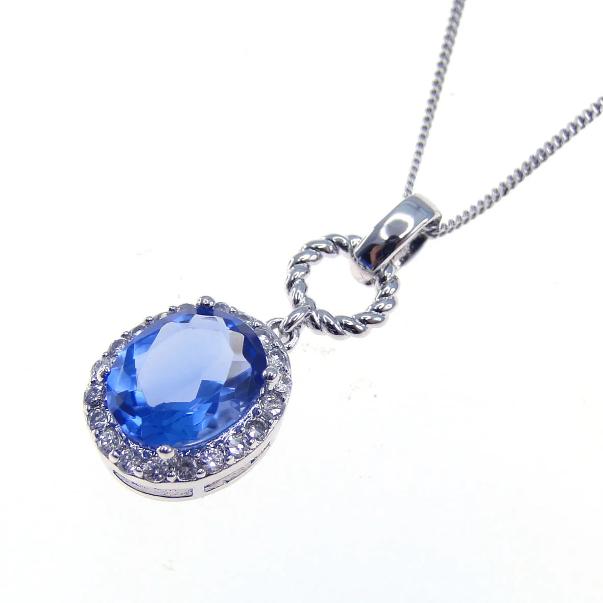 Blue Tanzanite White Topaz Brass Pendant Chain Necklace