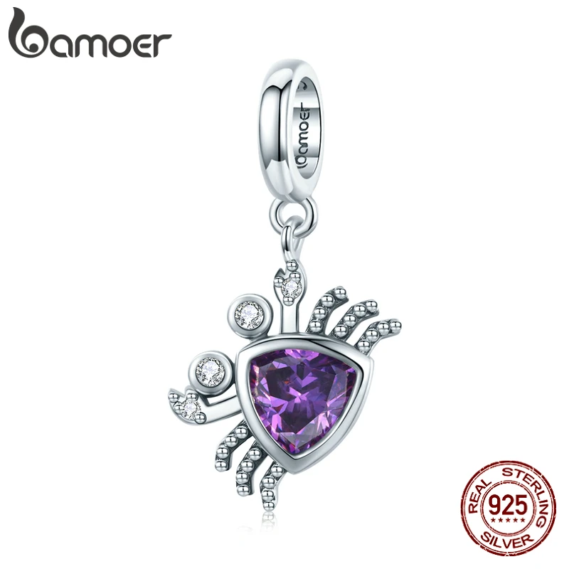 bamoer Silver Lovely Crab Animal Purple Gem 925 Sterling Silver Charm Pendant for Original Bracelet Bangle Making Jewelry BSC458