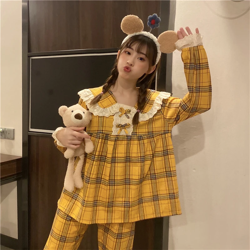 Women Pajamas Sets With Pants Long Sleeve Sexy Nightwear Pyjama Cute Casual Plaid Top+pants Pijama Luxury Brand Nightgowns