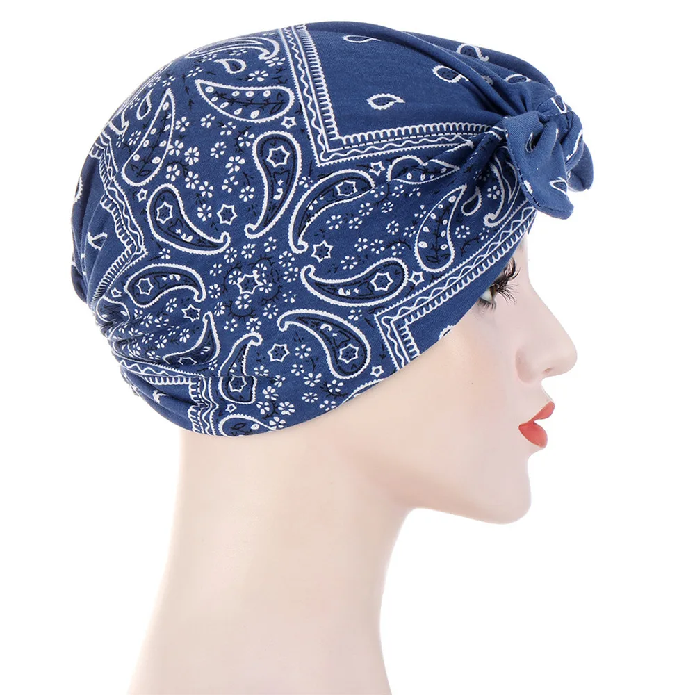 Indian Print Muslim Bowknot Hijab Chemo Cap Inner Hat Bonnet Cancer Hair Loss Turbante Strech Headwrap Scarf Cover Femme Beanies