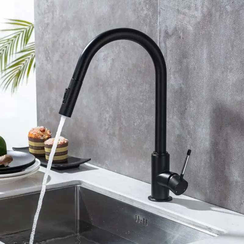 Kitchen Faucet Sink Mixer Tap Hot and Cold Total Black Brass Kitchen Crane Pull Out Spring Spout Single Handle Rotating Tap