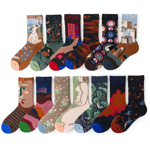 Creative Funny Women Crew Socks Cotton Woman Streetwear Skateboard Gothic Art Style Building Flowers Sock