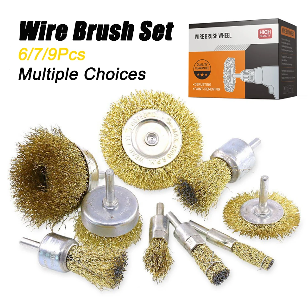 

6/7/9Pcs Copper-plated Wire Brush Wheel Brushes 6mm Shank Metal Rust Removal Polishing Wire Brush Set For Rotary Tool Accessory