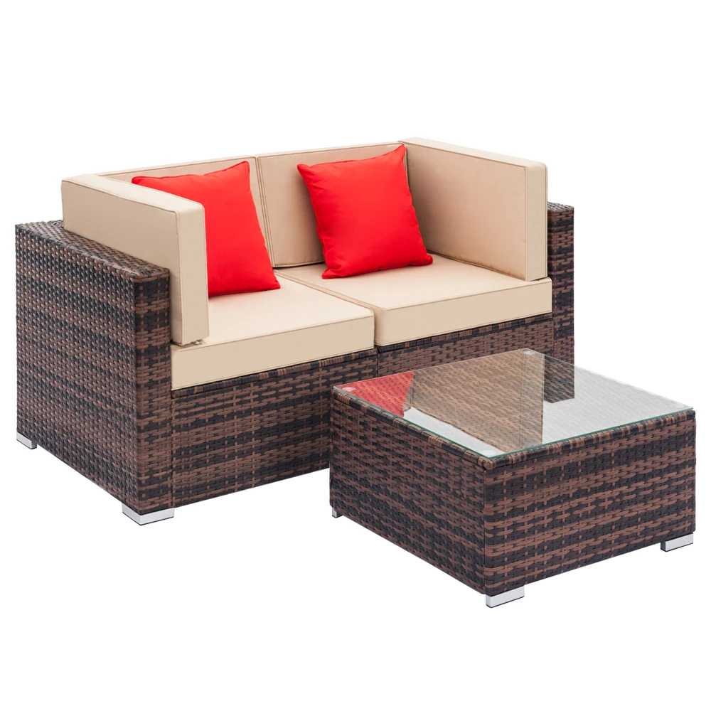 Patio Furniture  Set Fully Equipped Weaving Rattan Sofa Set with 2pcs Corner Sofas & 1 pcs Coffee Table Brown Gradient