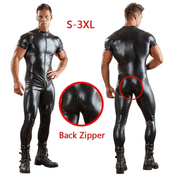 latex Men Wet look Catsuit Faux Leather Mesh Jumpsuits Black Tight PVC Bodysuit Sexy Clubwear Men Lace Lingerie Fetish Body Suit