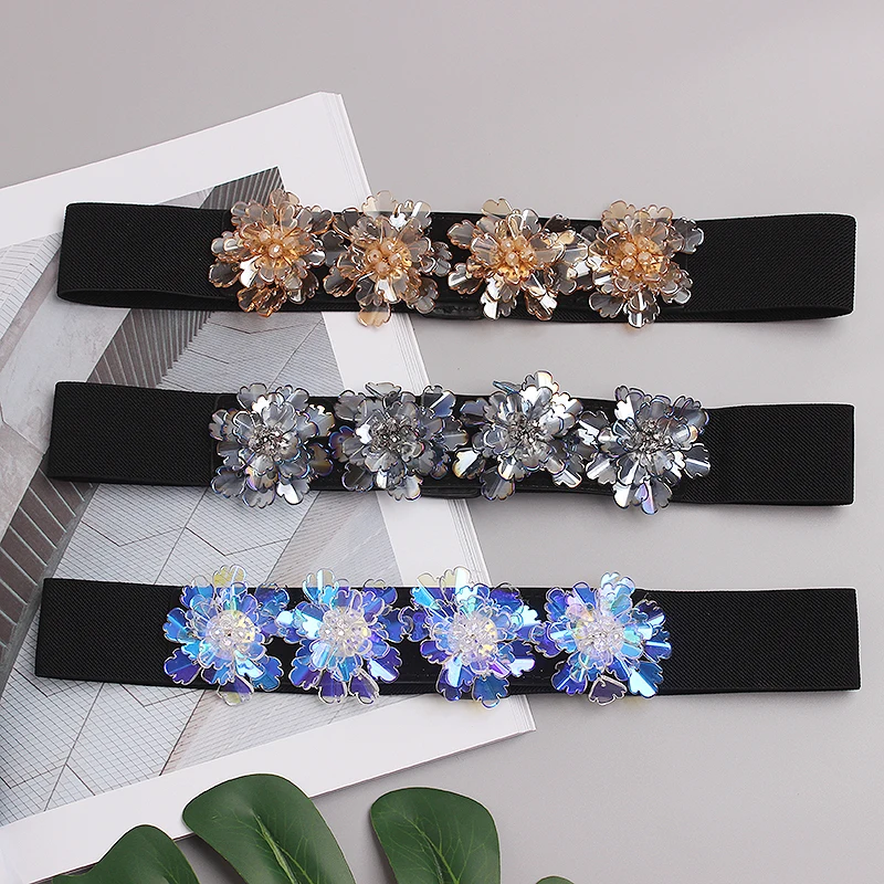 Handmade Glaze Stone Flower Waist Belt for Women Luxury Crystal Waistband 2020 Elastic Strech Strap Corset Cummerbund Dress Belt