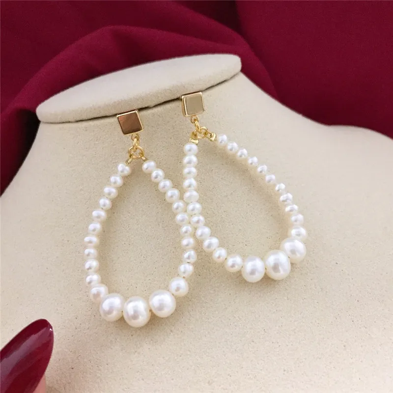 

2019 NEW Geometric Genuine Pearl 925 Silver Drop Earrings for Women Handmade Gold Hollow Freshwater Pearl Pendant Dangle Ear