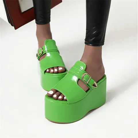 PXELENA NEW Gothic Wedge High Heels Platform Slides Women Peep Toe Buckle Patent Leather Punk Rock Summer Slippers Lady Creepers