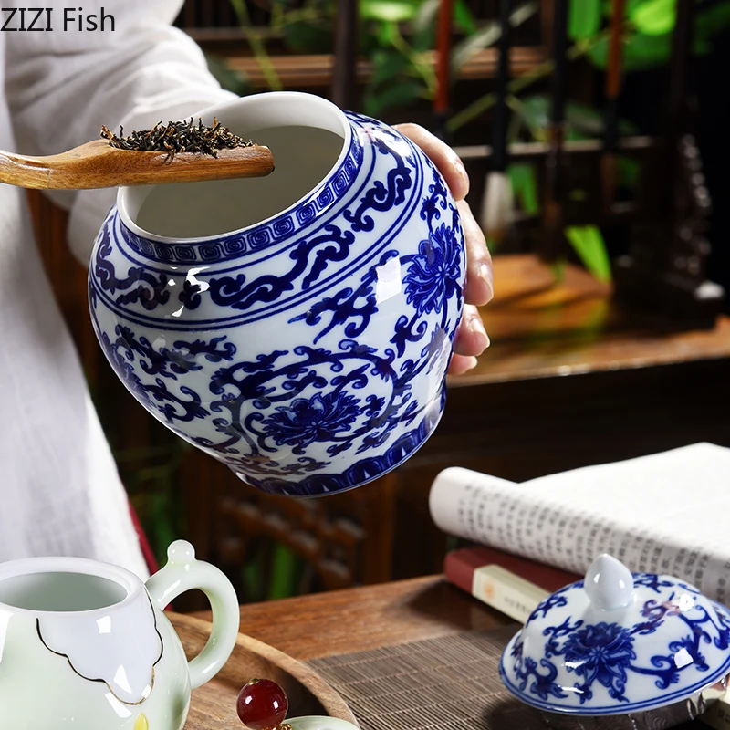 Simple Blue and White Porcelain General Tank Ceramic Storage Tank with Lid Ceramic Tea Pot Large Sealed Storage Tea Storage Jar