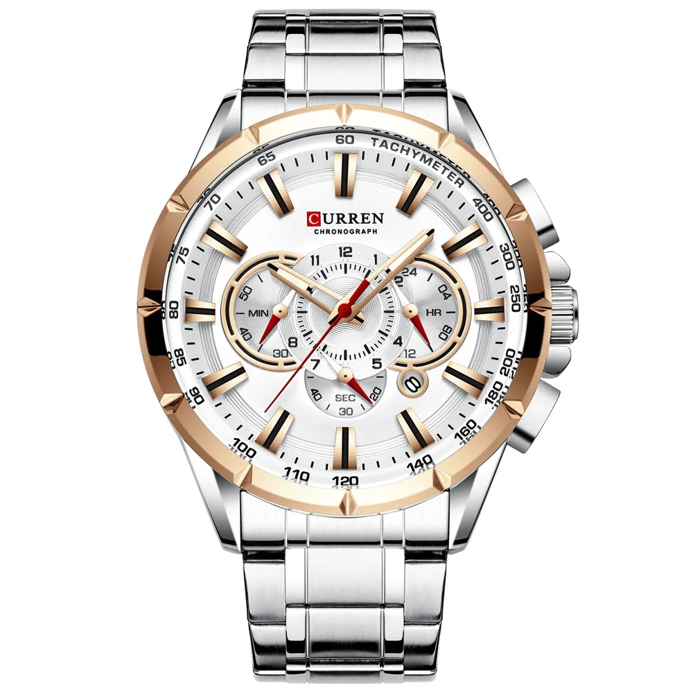 Men New CURREN Casual Sport Chronograph Men\'s Watch Stainless Steel Band Wristwatch Big Dial Quartz Clock with Luminous Pointers