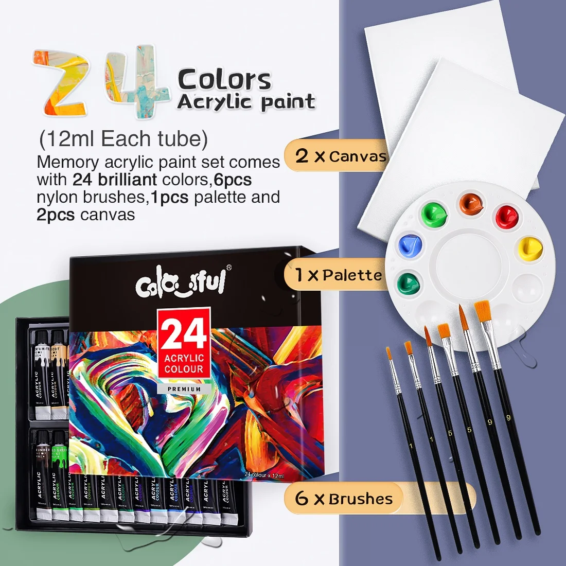 Acrylic Paint Set 24 Colors  with 6 brushes ,1 palette , Paint for Fabric, Clothing, Painting, Rich Pigments for Artists pigment