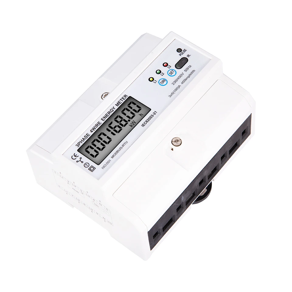 RS485 DIN Rail Energy Meter 3 Phase 4 Wire LCD Digital Wattmeter Electronic Power Consumption 5-100A 380V AC 50/60Hz Modbus Rtu