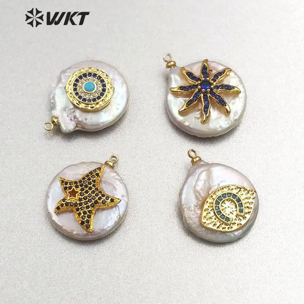 WT-MP131 Natural Freshwater Pearl&CZ Pave Pendant Random Size Whit Pearl With Star Anise star Evil Eye Round Shape Charm Pendant