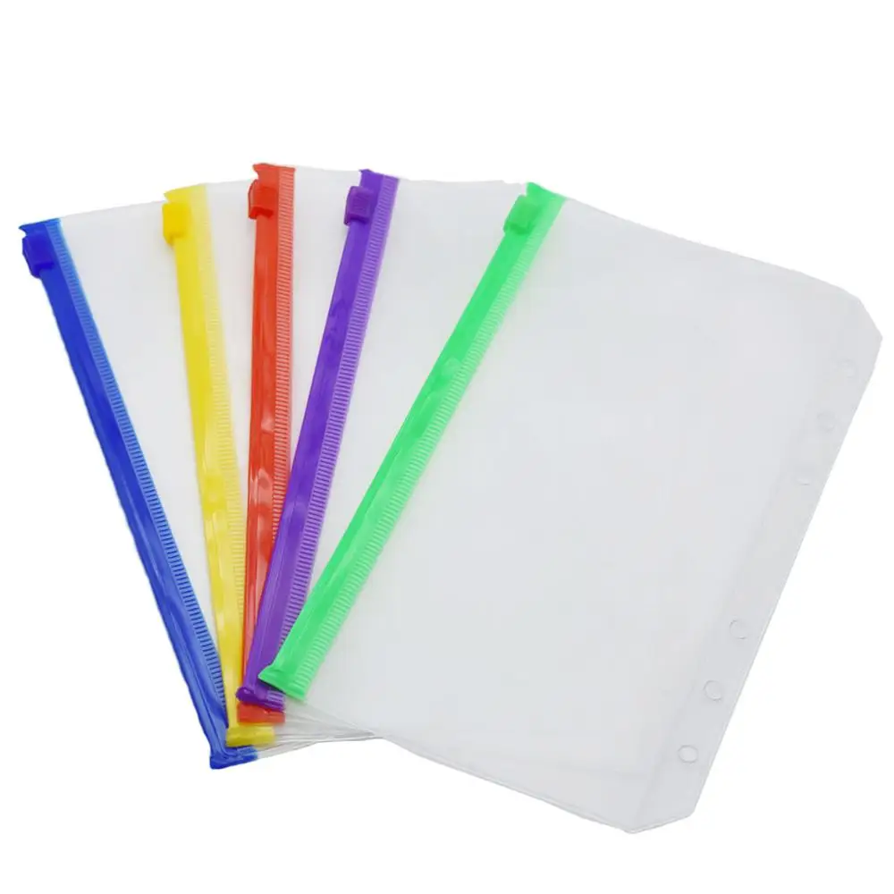 5PCS Binder Pockets A5 A6 Size 6 Holes Zipper Binder Pouch Folders for Notebook Binder Loose Leaf Bags Clear PVC Document Bag