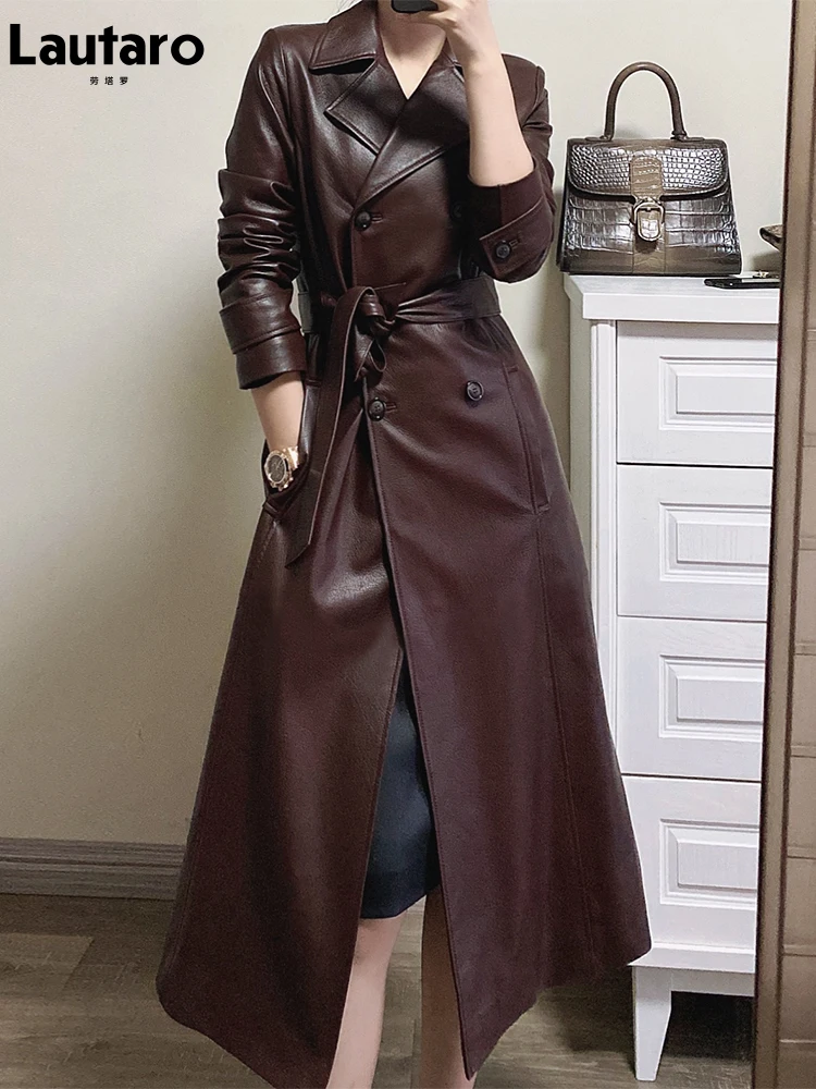 Lautaro Spring Autumn Long Wine Red Soft Faux Leather Trench Coat for Women Belt Double Breasted Luxury Elegant Fashion 2022