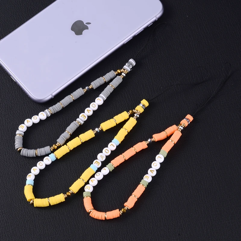 10 Colors Fashion Mobile Strap Phone Charm Clay Loose Bead Phone Chain LOVE Letter For Women Girl Anti-Lost Lanyard Jewelry Gift