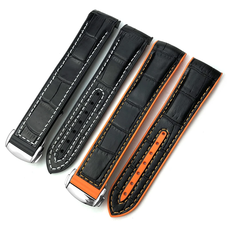 20mm 22mm High Quality Leather Cowhide Rubber Watchband fit for Omega Seamaster Planet Ocean 600 GMT Orange 19/21mm Watch Strap