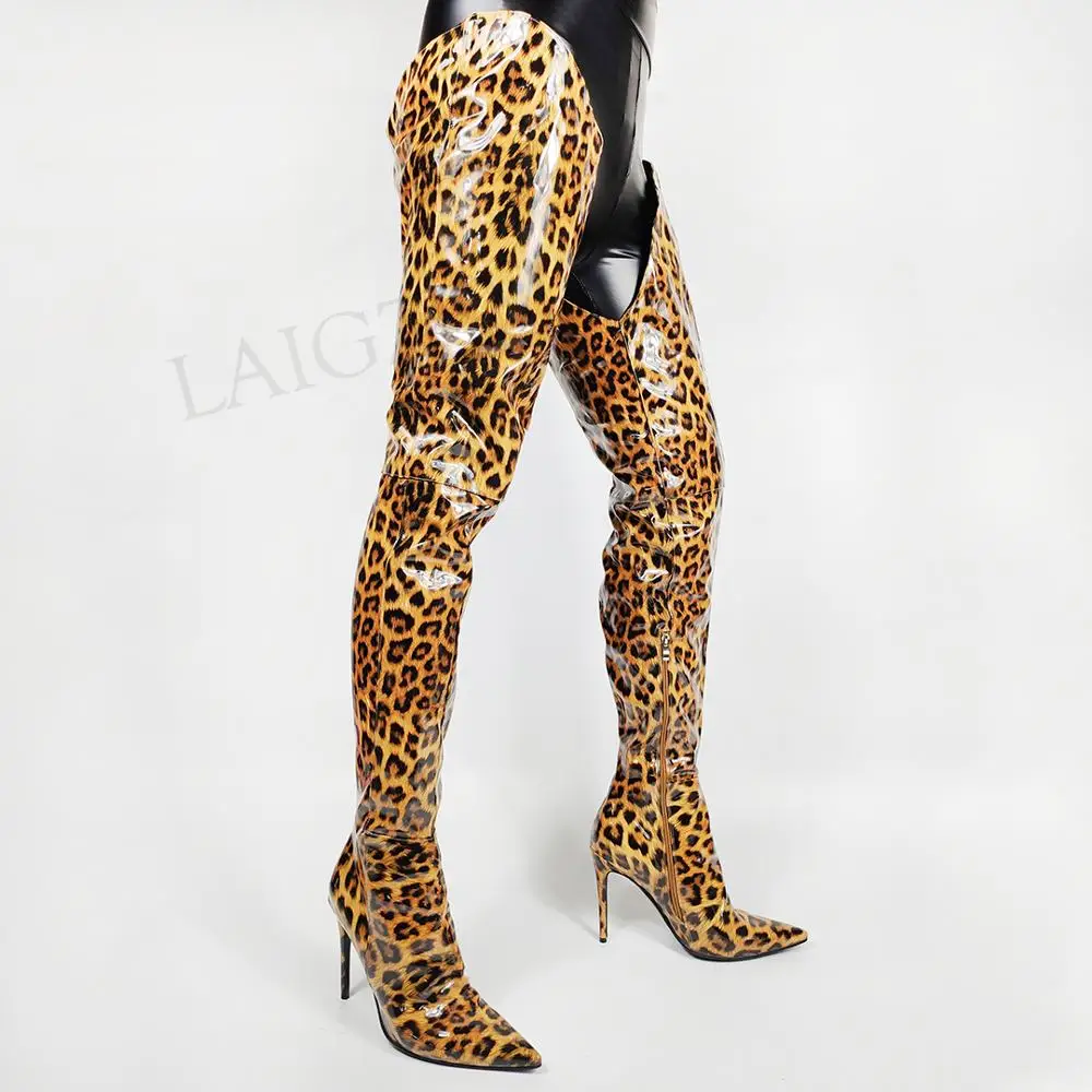 SEIIHEM Patent Women Thigh High Boots Leopard Slim Heels Side Zip Over Knee Boots Party Prom Shoes Woman Large Size 36 43 44 47