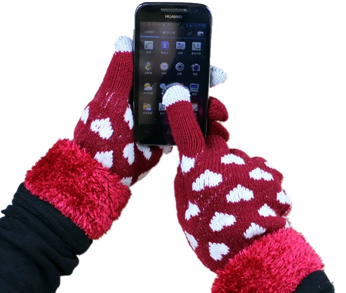 1Pair Lovely Heart Pattern Winter Warm Capacitive Touch Screen Knit Gloves