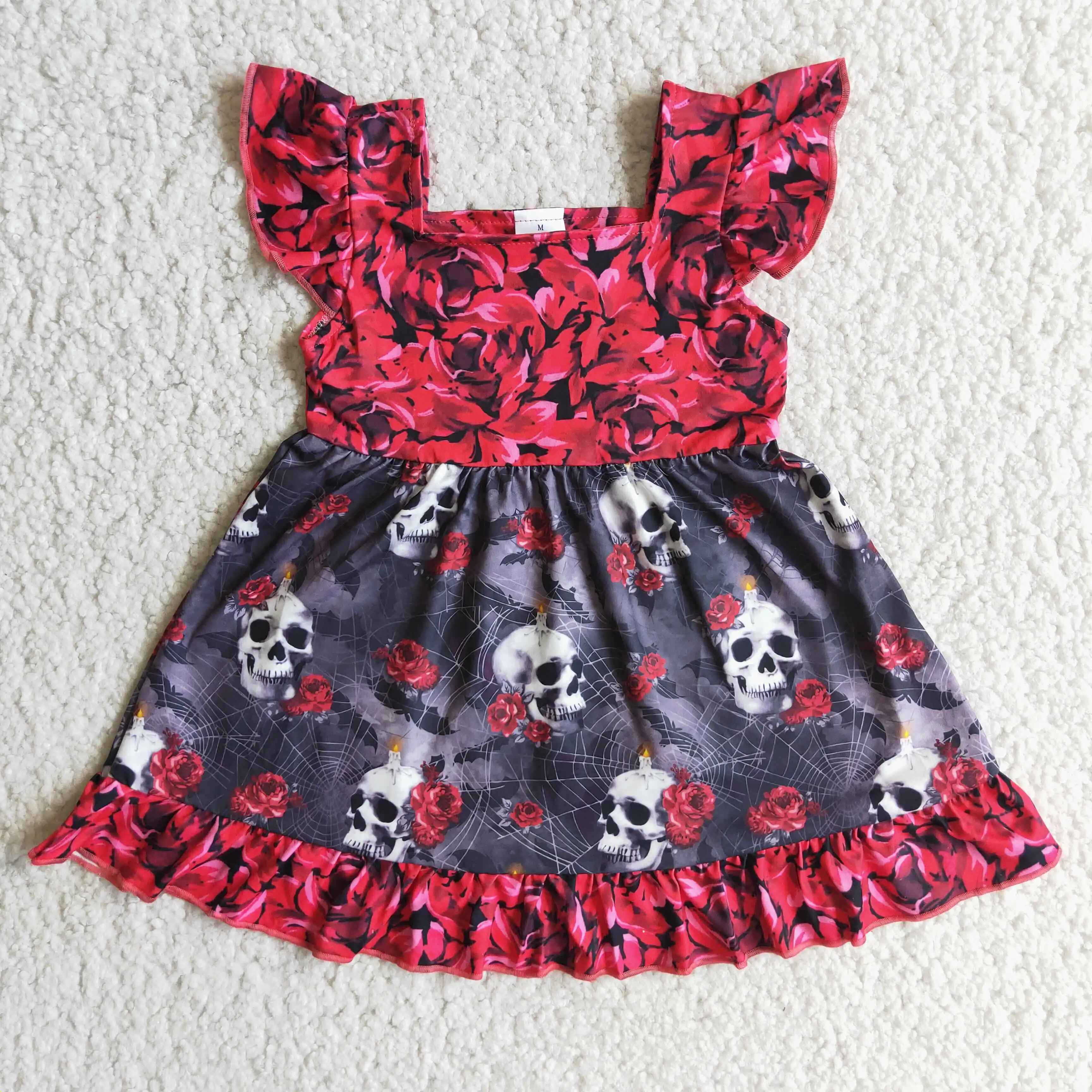 

Halloween Baby Girls Rose and Skull Designer Pearl Sleeve Knee Length Dress Fall Outfits Boutique Wholesale RTS