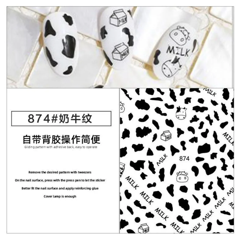 White black cow sticker for nail art decoration girls nail tip strip self adhesive slider nail art accessories YJ006