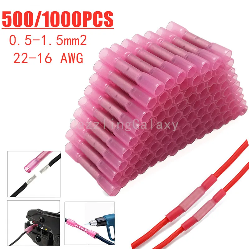 

500/1000PCS Electrical Wire Terminal Heat Shrink Butt Crimp Terminals Red Waterproof Insulated Seal Wire Connectors 22-16 AWG