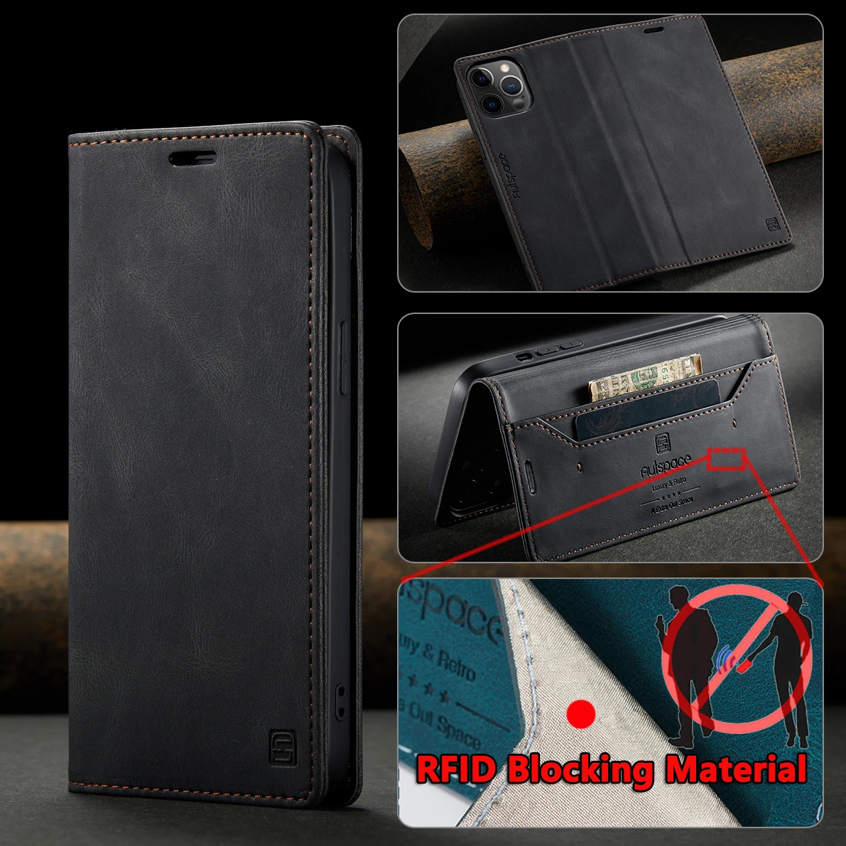 

For iPhone 12 11 Pro MAX XS 5 6 6S 7 8 Plus XR SE RFID Protector Magnetic Leather Phone Case Folding Retro Cover With Card Slot