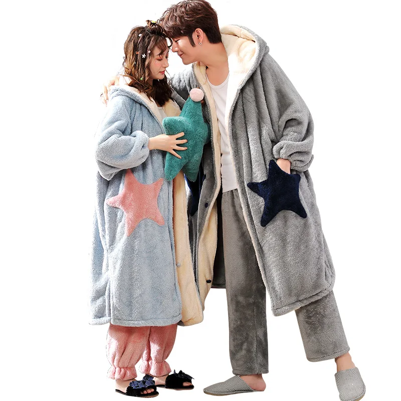 

Winter Thick Warm Couple Flannel Pajamas Set Robe+Pant Casual Soft Sleepwear Loose Lovers Homewear