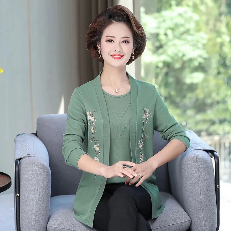 Spring Autumn Middle Age Women Mother Clothing Set Long Sleeve Knitted Cardigan Tops 2PCS Female Elegant Coat 4XL 2 Piece Suit