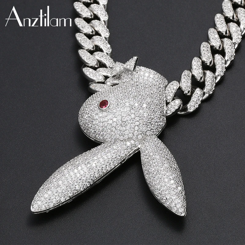 Cuban link Chain Big Rabbit Head Hip hop Pendant & Chain Necklace Full Iced Out Cubic Zircon Bling for Men hip hop Jewelry