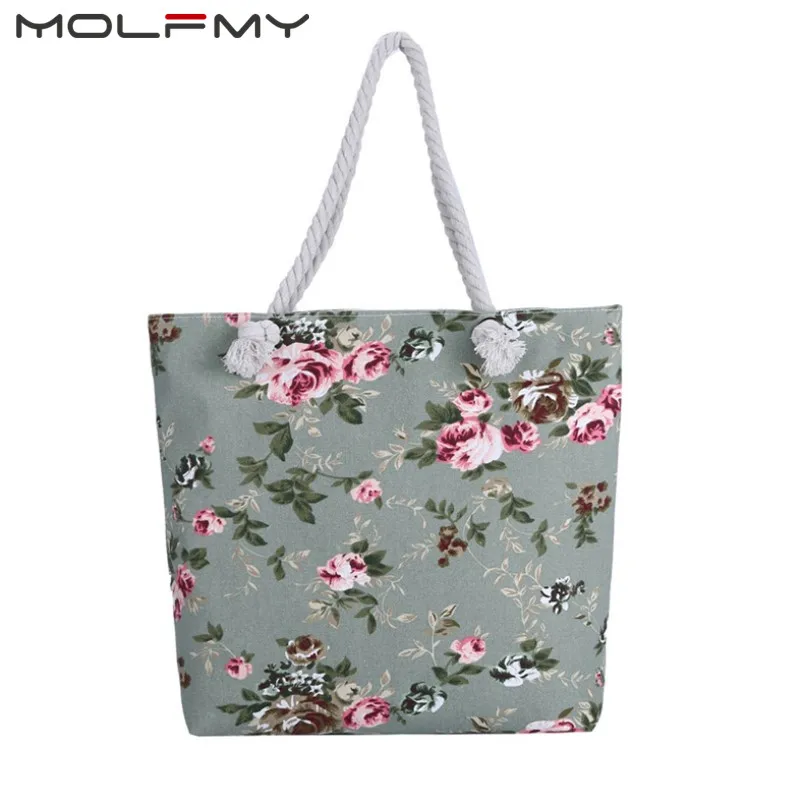 Sommer Damen Blume Gedruckt Leinwand Strand Handtasche Tragbare Große Kapazität Für Weibliche Einzelne Schulter Casual Tote Taschen Dropship