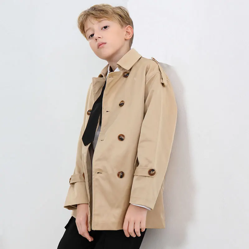 Khaki Jacket For Boys Double-Breasted Design Children Outerwear Kids Trench Coat For Teen Boys 2-14 Years Casual Windreaker